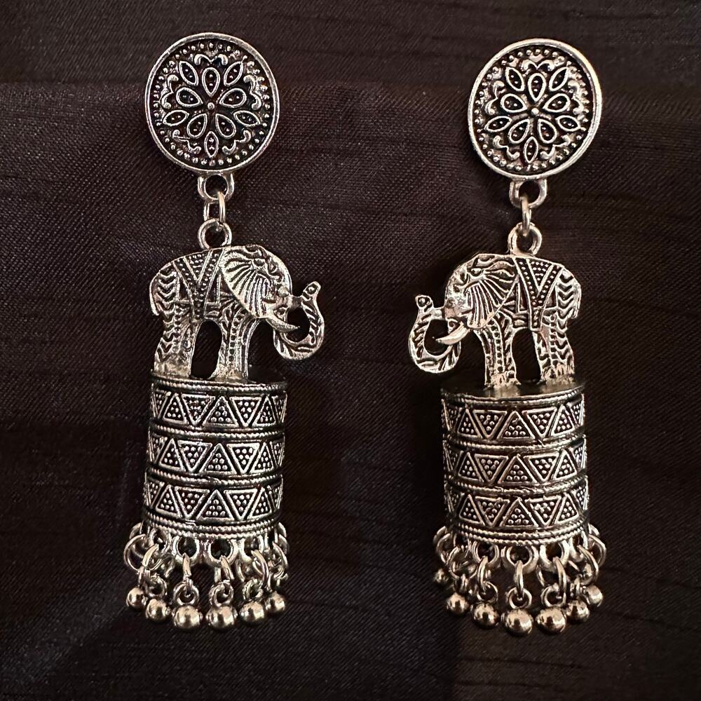 Bollywood Desi Boho Jhumka Elephant Hathi Oxidized Silver Tone Earrings